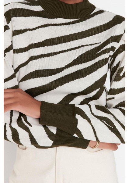 Kadın Moda Şık Crop Dik Yaka Uzun Kol Zebra Zebra Desenli Crop Triko Kazak fırsatları