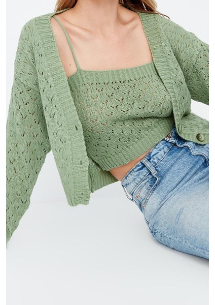 Kadın Moda Şık Crop V Yaka Uzun Kol Ajurlu Delikli Crop Triko Hırka fiyatları