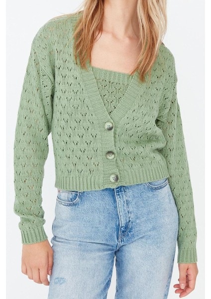 Kadın Moda Şık Crop V Yaka Uzun Kol Ajurlu Delikli Crop Triko Hırka modelleri
