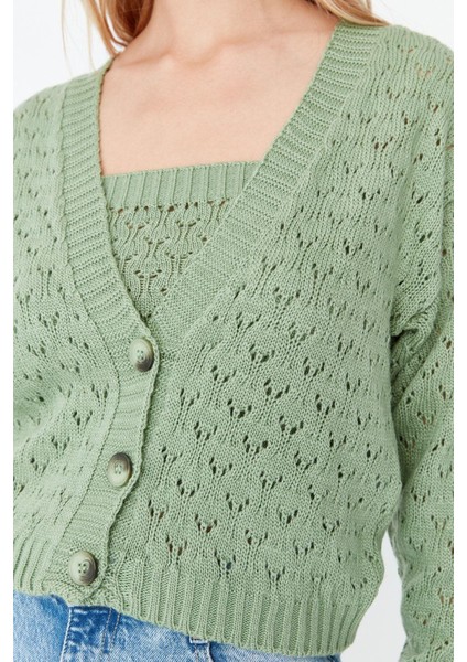 Kadın Moda Şık Crop V Yaka Uzun Kol Ajurlu Delikli Crop Triko Hırka fırsatları