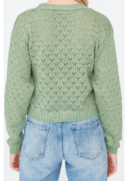 Kadın Moda Şık Crop V Yaka Uzun Kol Ajurlu Delikli Crop Triko Hırka indirimleri