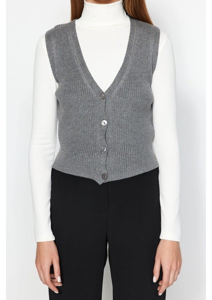 Kadın Moda Şık Regular V Yaka Uzun Kol Düz Premium Iplik Özel Iplik Triko Yelek