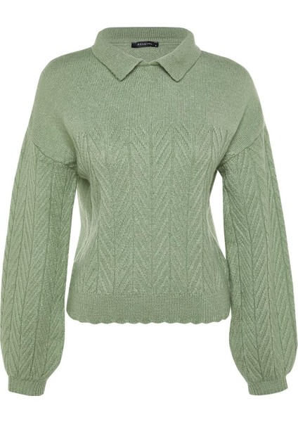 Kadın Moda Şık Regular Polo Yaka Uzun Kol Saç Örgü Geniş Kalıp Yumuşak Dokulu Lü Triko Kazak