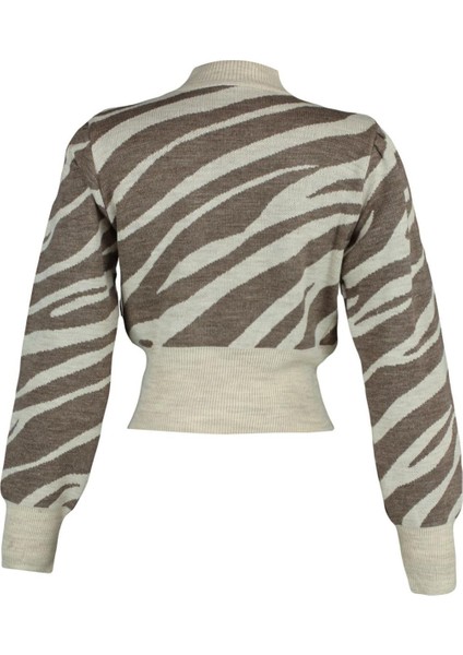 Kadın Moda Şık Crop Dik Yaka Uzun Kol Zebra Zebra Desenli Crop Triko Kazak