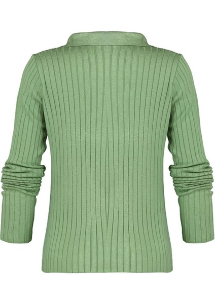 Kadın Moda Şık Regular Polo Yaka Uzun Kol Düz Couple Kol Ucu Detaylı Polo Yaka Triko Kazak