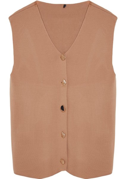 Kadın Tesettür Moda Şık Regular V Yaka Uzun Kol Düz Aksesuar Düğmeli Triko Süveter Yelek