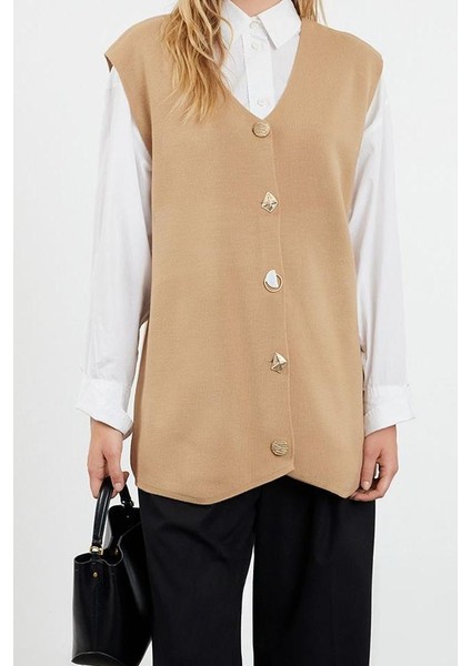 Kadın Tesettür Moda Şık Regular V Yaka Uzun Kol Düz Aksesuar Düğmeli Triko Süveter Yelek modelleri