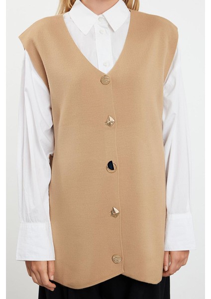 Kadın Tesettür Moda Şık Regular V Yaka Uzun Kol Düz Aksesuar Düğmeli Triko Süveter Yelek fırsatları