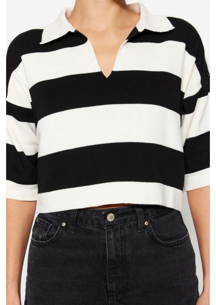 Kadın Moda Şık Crop Polo Yaka Truvakar Kol Kol Çizgili Crop Polo Yaka Basic Triko Kazak