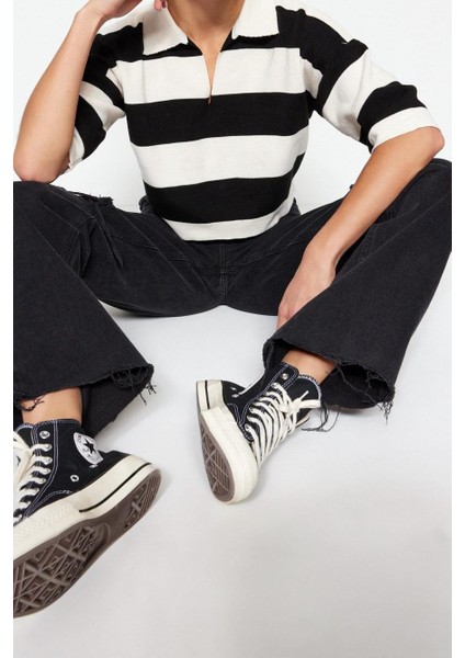 Kadın Moda Şık Crop Polo Yaka Truvakar Kol Kol Çizgili Crop Polo Yaka Basic Triko Kazak fiyatları