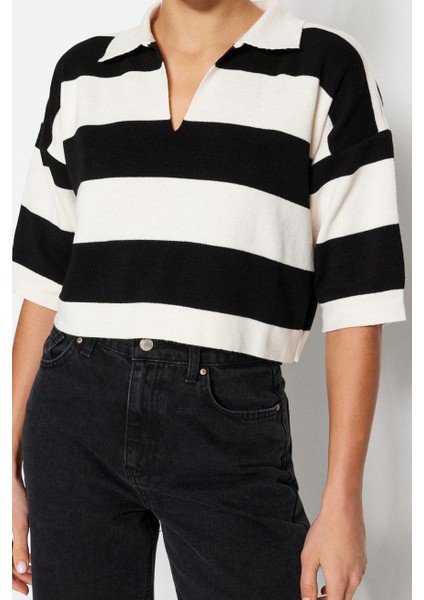 Kadın Moda Şık Crop Polo Yaka Truvakar Kol Kol Çizgili Crop Polo Yaka Basic Triko Kazak modelleri