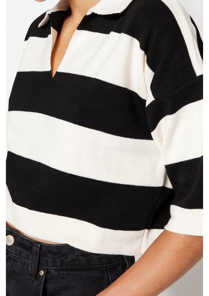 Kadın Moda Şık Crop Polo Yaka Truvakar Kol Kol Çizgili Crop Polo Yaka Basic Triko Kazak fırsatları