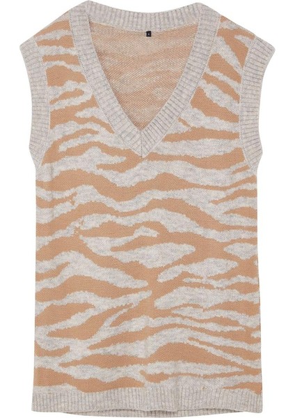 Kadın Tesettür Moda Şık Regular V Yaka Uzun Kol Animal Yumuşak Dokulu Zebra Desenli Triko Süveter