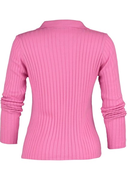 Kadın Moda Şık Regular Polo Yaka Uzun Kol Düz Couple Kol Ucu Detaylı Polo Yaka Triko Kazak