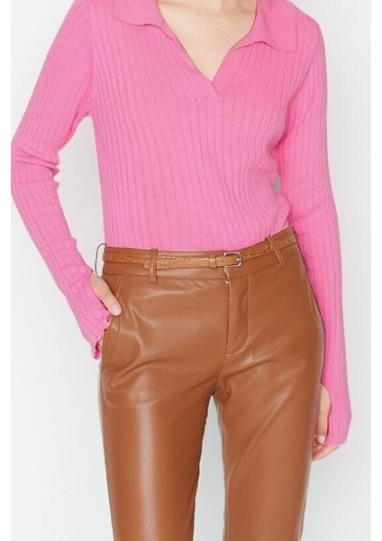 Kadın Moda Şık Regular Polo Yaka Uzun Kol Düz Couple Kol Ucu Detaylı Polo Yaka Triko Kazak fiyatları