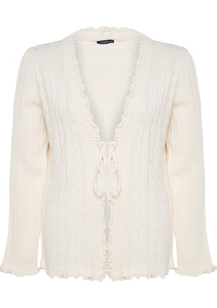 Kadın Moda Şık Büyük Beden Regular V Yaka Fitted Saç Örgü Desenli Bağlamalı Triko Hırka