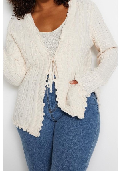 Kadın Moda Şık Büyük Beden Regular V Yaka Fitted Saç Örgü Desenli Bağlamalı Triko Hırka fiyatları