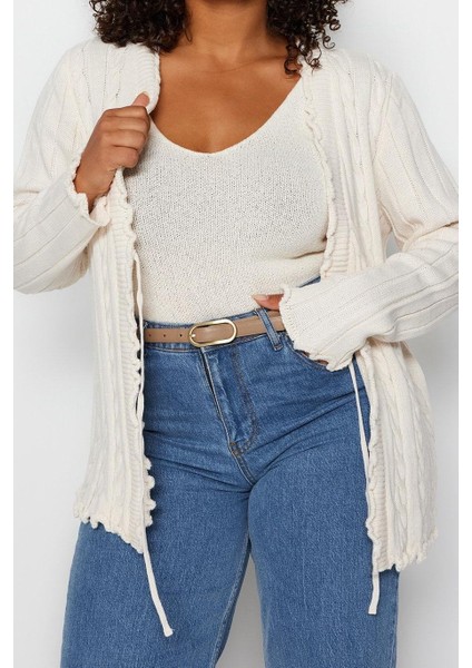 Kadın Moda Şık Büyük Beden Regular V Yaka Fitted Saç Örgü Desenli Bağlamalı Triko Hırka modelleri