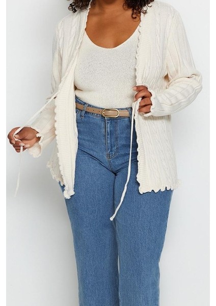 Kadın Moda Şık Büyük Beden Regular V Yaka Fitted Saç Örgü Desenli Bağlamalı Triko Hırka fırsatları