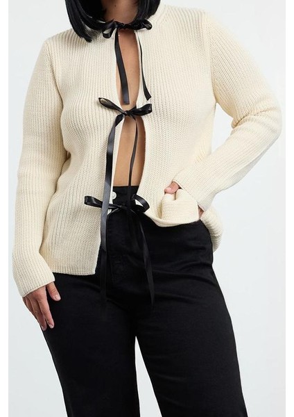 Kadın Moda Şık Büyük Beden Regular Bisiklet Yaka Regular Kurdele Bağlamalı Crop Triko Hırka