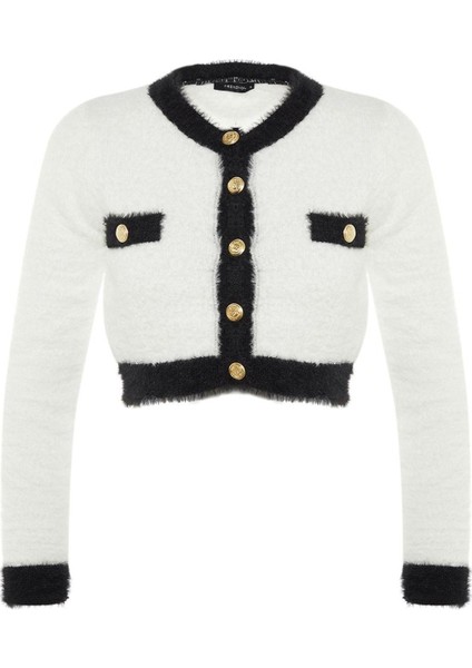 Kadın Moda Şık Crop Bisiklet Yaka Slim Crop Sakal Tüylü Iplikli Ceket Görünümlü Triko Hırka
