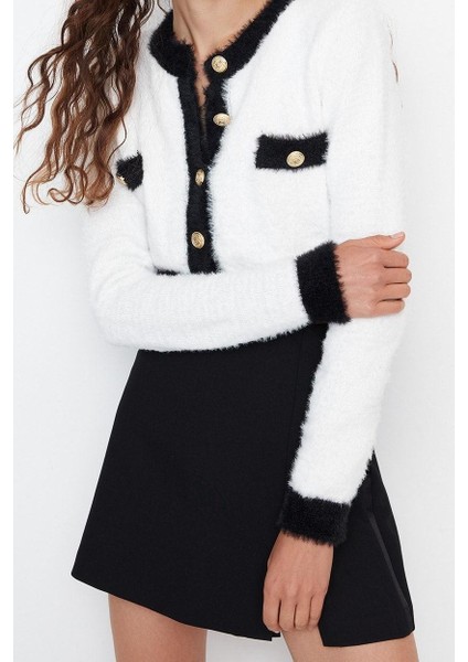 Kadın Moda Şık Crop Bisiklet Yaka Slim Crop Sakal Tüylü Iplikli Ceket Görünümlü Triko Hırka modelleri