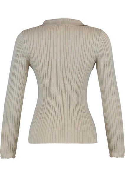 Kadın Moda Şık Regular Polo Yaka Slim Fitilli Polo Yaka Triko Hırka