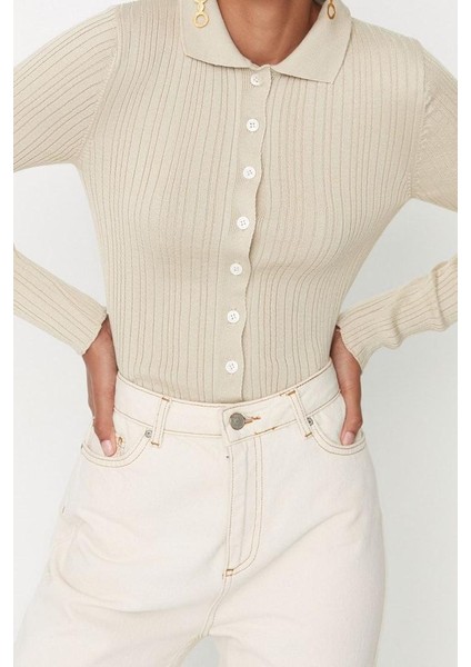 Kadın Moda Şık Regular Polo Yaka Slim Fitilli Polo Yaka Triko Hırka indirimleri