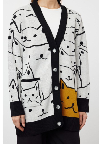 Kadın Moda Şık Tesettür Midi V Yaka Relaxed Triko Animal Kedi Desenli Hırka