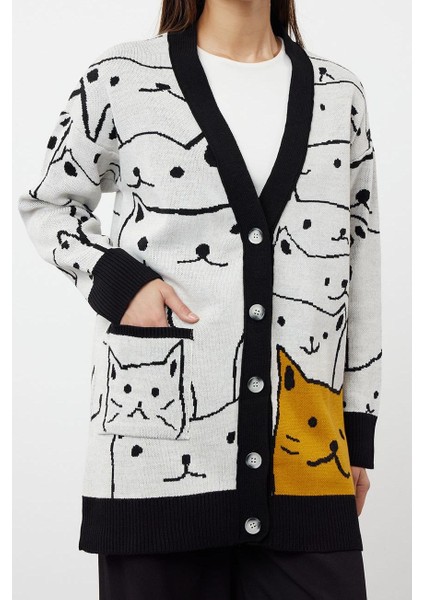 Kadın Moda Şık Tesettür Midi V Yaka Relaxed Triko Animal Kedi Desenli Hırka