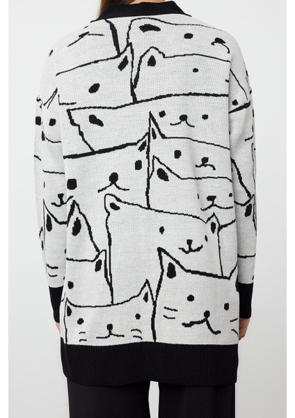 Kadın Moda Şık Tesettür Midi V Yaka Relaxed Triko Animal Kedi Desenli Hırka