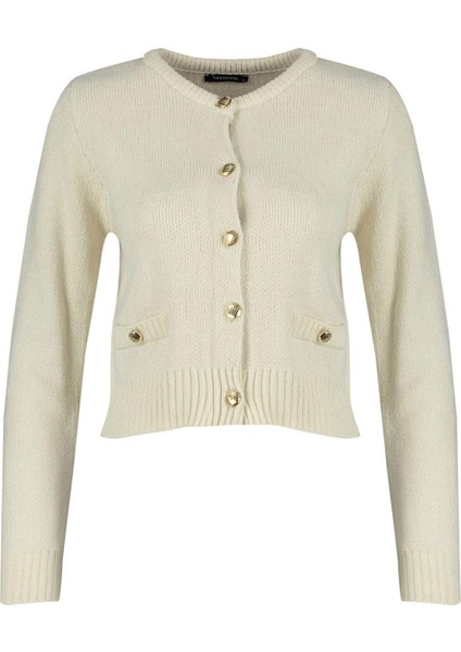 Kadın Moda Şık Crop Bisiklet Yaka Regular Crop Premium Iplik Cep Detaylı Ceket Görünümlü Triko Hırka