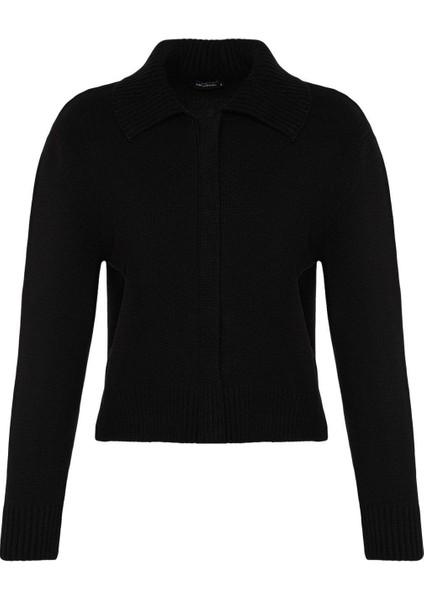 Kadın Moda Şık Regular Polo Yaka Regular Yumuşak Dokulu Fermuarlı Devrik Yaka Triko Hırka