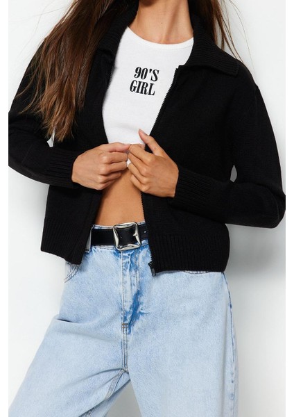 Kadın Moda Şık Regular Polo Yaka Regular Yumuşak Dokulu Fermuarlı Devrik Yaka Triko Hırka