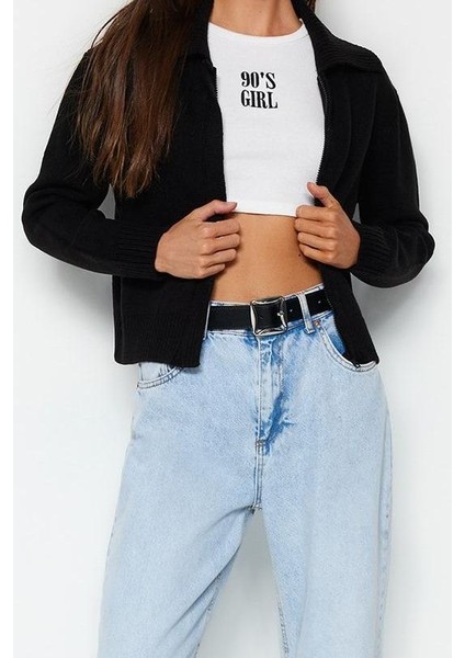 Kadın Moda Şık Regular Polo Yaka Regular Yumuşak Dokulu Fermuarlı Devrik Yaka Triko Hırka