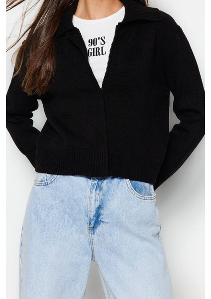 Kadın Moda Şık Regular Polo Yaka Regular Yumuşak Dokulu Fermuarlı Devrik Yaka Triko Hırka