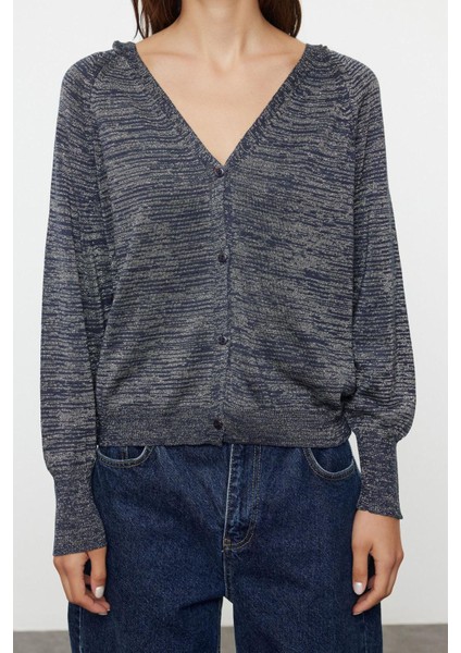 Kadın Moda Şık Regular V Yaka Oversize Premium Kalite Geniş Kalıp Simli Kapuşonlu Triko Hırka