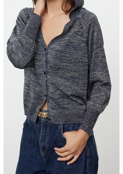 Kadın Moda Şık Regular V Yaka Oversize Premium Kalite Geniş Kalıp Simli Kapuşonlu Triko Hırka
