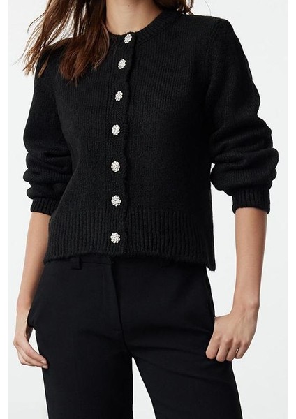 Kadın Moda Regular Bisiklet Yaka Regular Yumuşak Dokulu Mücevher Düğmeli Ceket Görünümlü Triko Hırka