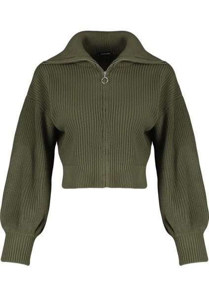 Kadın Moda Şık Crop Dik Yaka Regular Crop Fermuarlı Triko Hırka