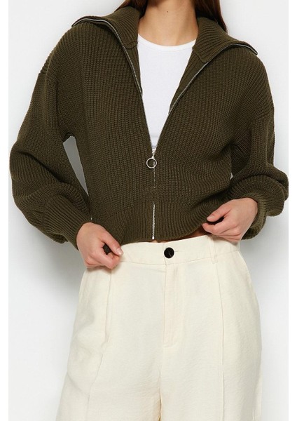 Kadın Moda Şık Crop Dik Yaka Regular Crop Fermuarlı Triko Hırka fiyatları