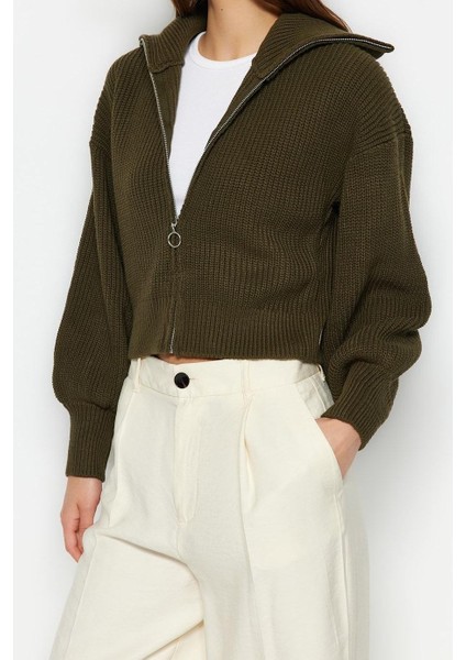 Kadın Moda Şık Crop Dik Yaka Regular Crop Fermuarlı Triko Hırka modelleri