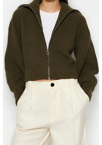 Kadın Moda Şık Crop Dik Yaka Regular Crop Fermuarlı Triko Hırka fırsatları