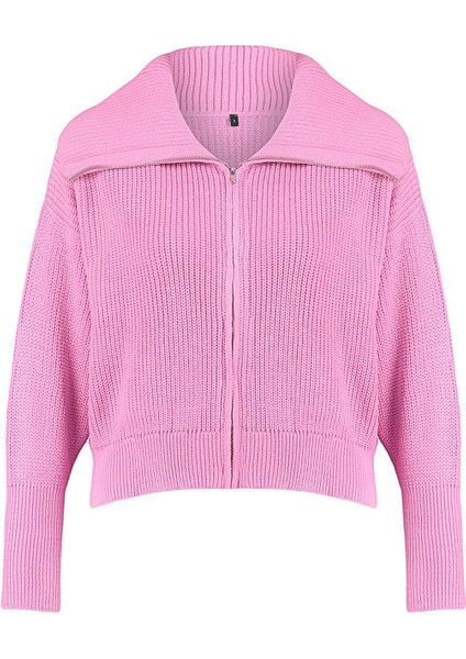 Kadın Moda Şık Regular Devrik Yaka Oversize Geniş Kalıp Devrik Yaka Fermuarlı Triko Hırka