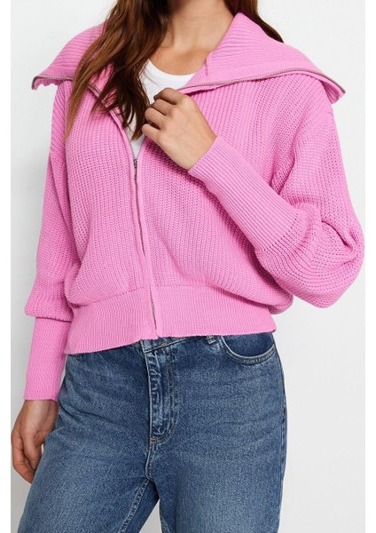 Kadın Moda Şık Regular Devrik Yaka Oversize Geniş Kalıp Devrik Yaka Fermuarlı Triko Hırka modelleri