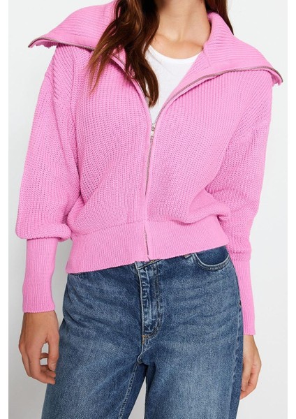 Kadın Moda Şık Regular Devrik Yaka Oversize Geniş Kalıp Devrik Yaka Fermuarlı Triko Hırka fırsatları