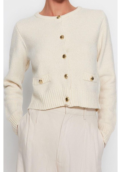 Kadın Moda Şık Crop Bisiklet Yaka Regular Crop Premium Iplik Cep Detaylı Ceket Görünümlü Triko Hırka