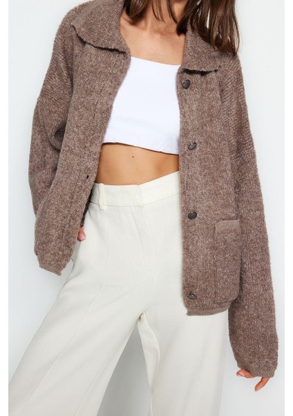 Kadın Moda Şık Regular Polo Yaka Oversize Geniş Kalıp Polo Yaka Buklet Triko Hırka