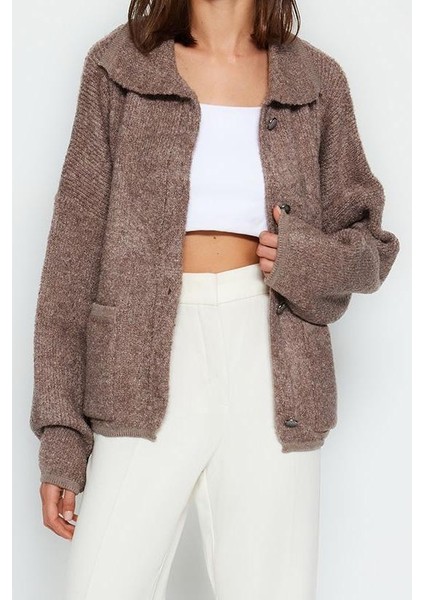 Kadın Moda Şık Regular Polo Yaka Oversize Geniş Kalıp Polo Yaka Buklet Triko Hırka