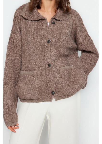Kadın Moda Şık Regular Polo Yaka Oversize Geniş Kalıp Polo Yaka Buklet Triko Hırka